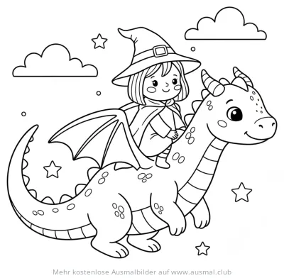 Hexe reitet auf einem Drachen Ausmalbild