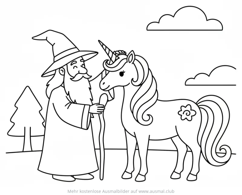 Zauberer mit Einhorn Ausmalbild
