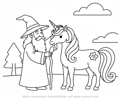 Zauberer mit Einhorn Ausmalbild