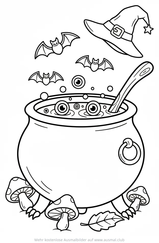 Hexenkessel mit Augäpfeln, Fledermäusen und Hexenhut Ausmalbild