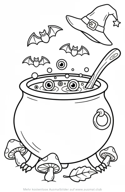 Hexenkessel mit Augäpfeln, Fledermäusen und Hexenhut Ausmalbild