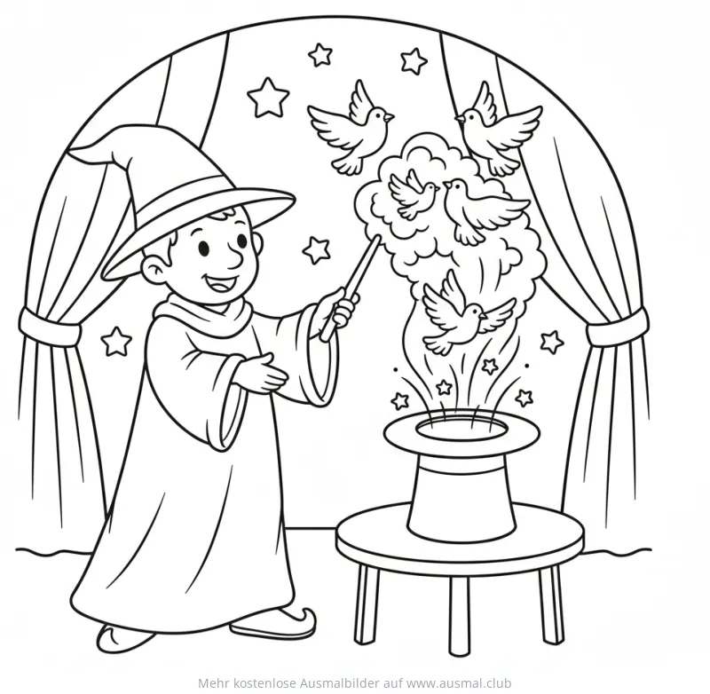 Junge Zauberer zaubert mit Zauberstab Tauben aus Zylinder Ausmalbild