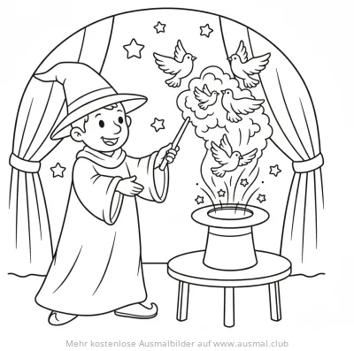 Junge Zauberer zaubert mit Zauberstab Tauben aus Zylinder Ausmalbild