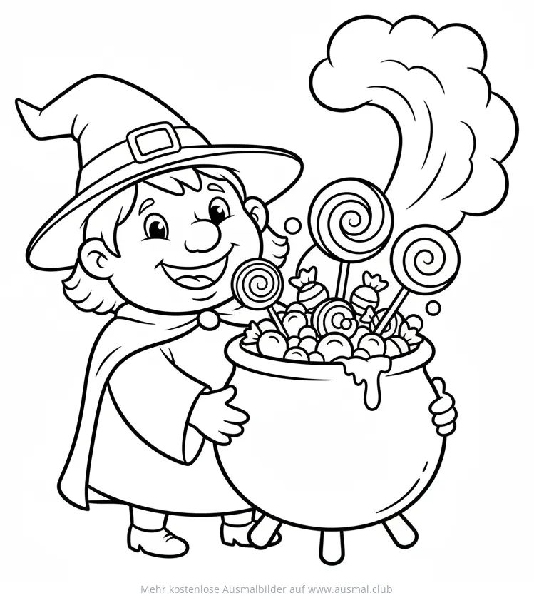 Hexe hält einen Kessel voller Süßigkeiten Ausmalbild