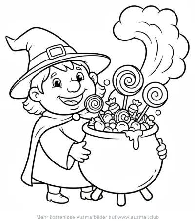 Hexe hält einen Kessel voller Süßigkeiten Ausmalbild