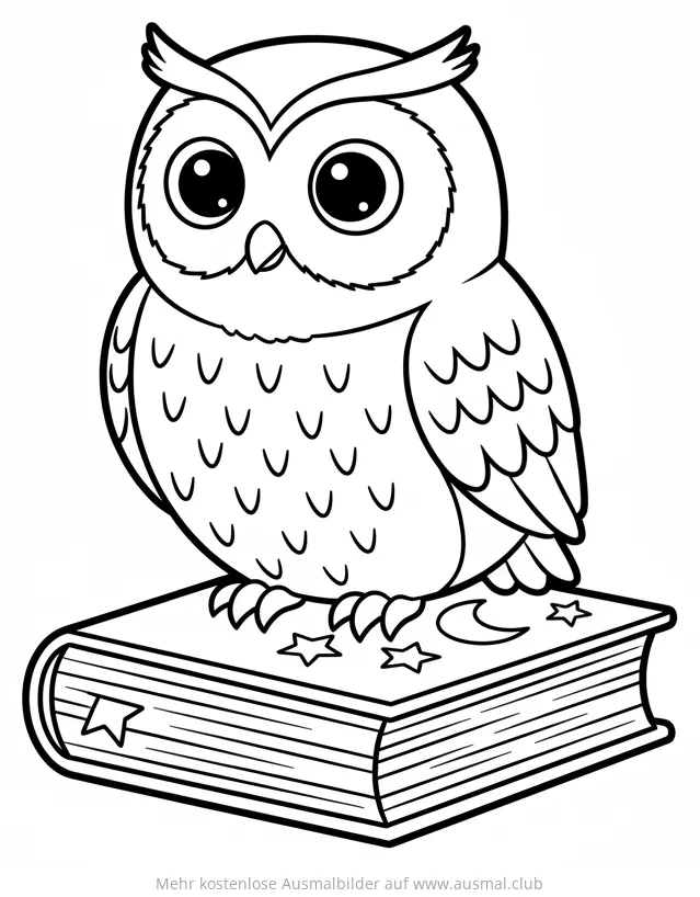 Eule sitzt auf Zauberbuch Ausmalbild