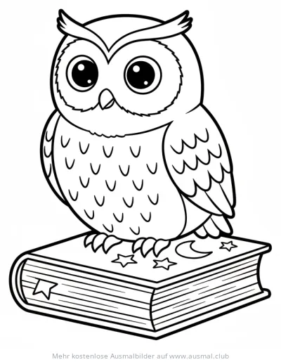 Eule sitzt auf Zauberbuch Ausmalbild