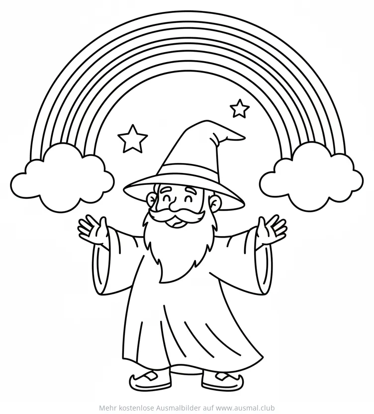 Zauberer mit Regenbogen und Sternen Ausmalbild