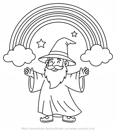 Zauberer mit Regenbogen und Sternen Ausmalbild
