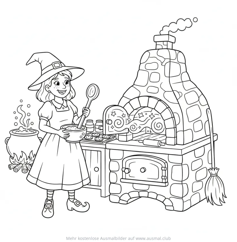 Hexe backt Kekse im Ofen Ausmalbild