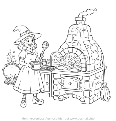 Hexe backt Kekse im Ofen Ausmalbild