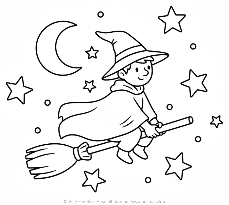 Junge Hexe auf Besen, umgeben von Sternen und Mond Ausmalbild