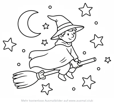 Junge Hexe auf Besen, umgeben von Sternen und Mond Ausmalbild