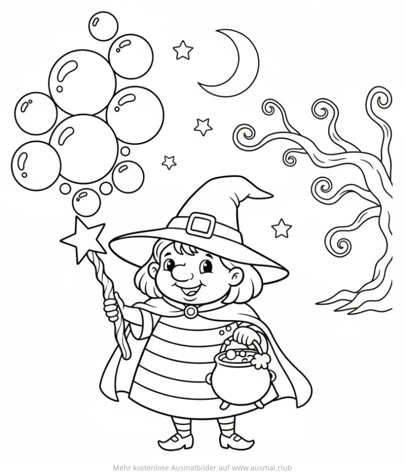 Hexe pustet Blasen Ausmalbild