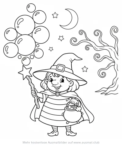Hexe pustet Blasen Ausmalbild