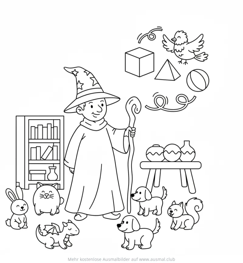 Zauberer mit Tieren und geometrischen Formen Ausmalbild