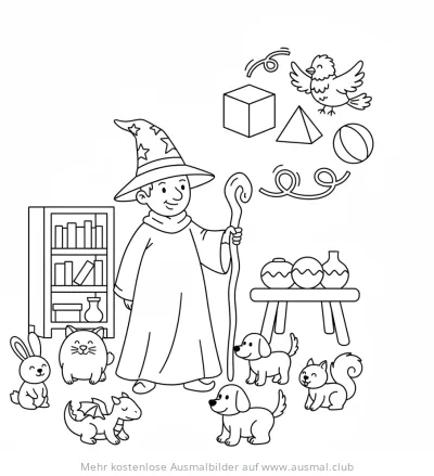 Zauberer mit Tieren und geometrischen Formen Ausmalbild