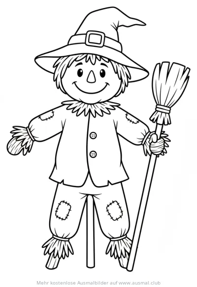 Vogelscheuche mit Zaubererhut und Besen Ausmalbild