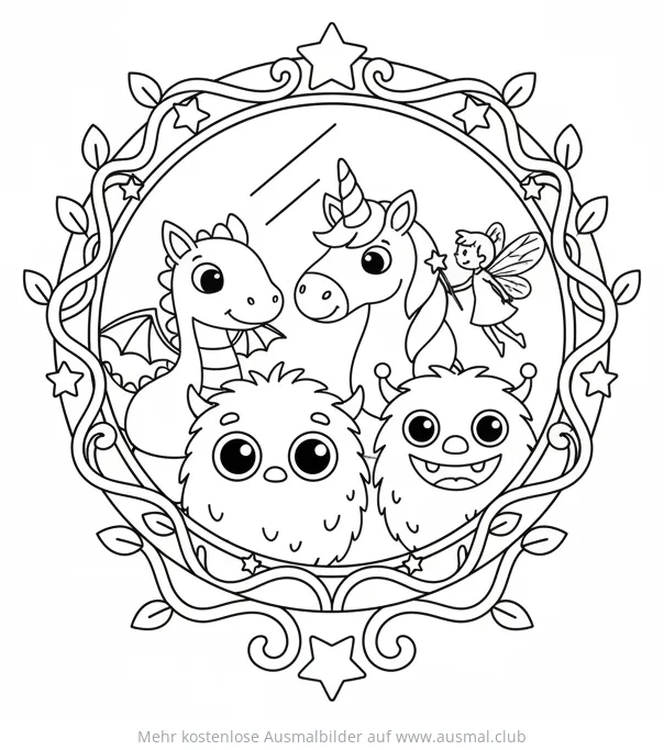 Zauberspiegel mit Drache, Einhorn, Fee und Monstern Ausmalbild