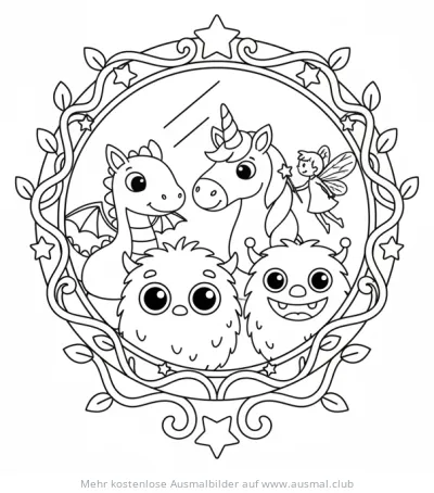 Zauberspiegel mit Drache, Einhorn, Fee und Monstern Ausmalbild