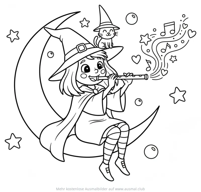 Hexe spielt Flöte auf dem Mond Ausmalbild mit Katze