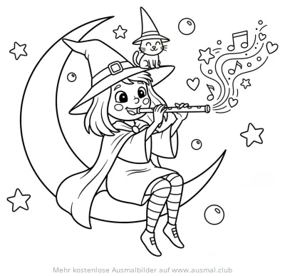 Hexe spielt Flöte auf dem Mond Ausmalbild mit Katze
