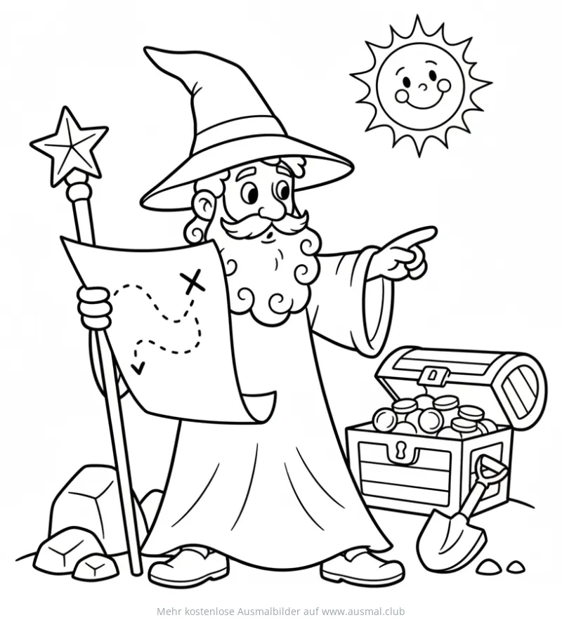 Zauberer mit Schatzkarte und Schatzkiste Ausmalbild