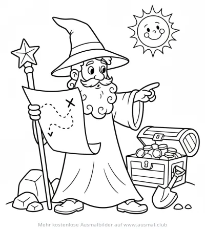 Zauberer mit Schatzkarte und Schatzkiste Ausmalbild