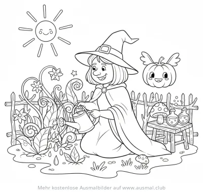 Hexe gießt Garten Ausmalbild mit Kürbis und Sonne