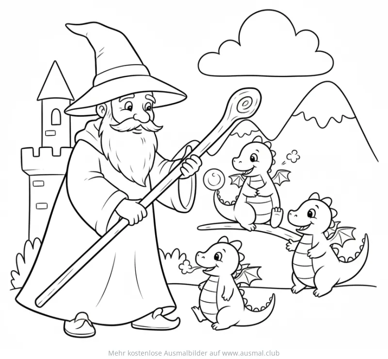 Zauberer mit drei kleinen Drachen Ausmalbild