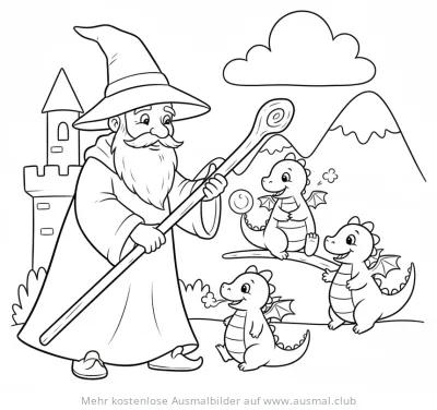 Zauberer mit drei kleinen Drachen Ausmalbild