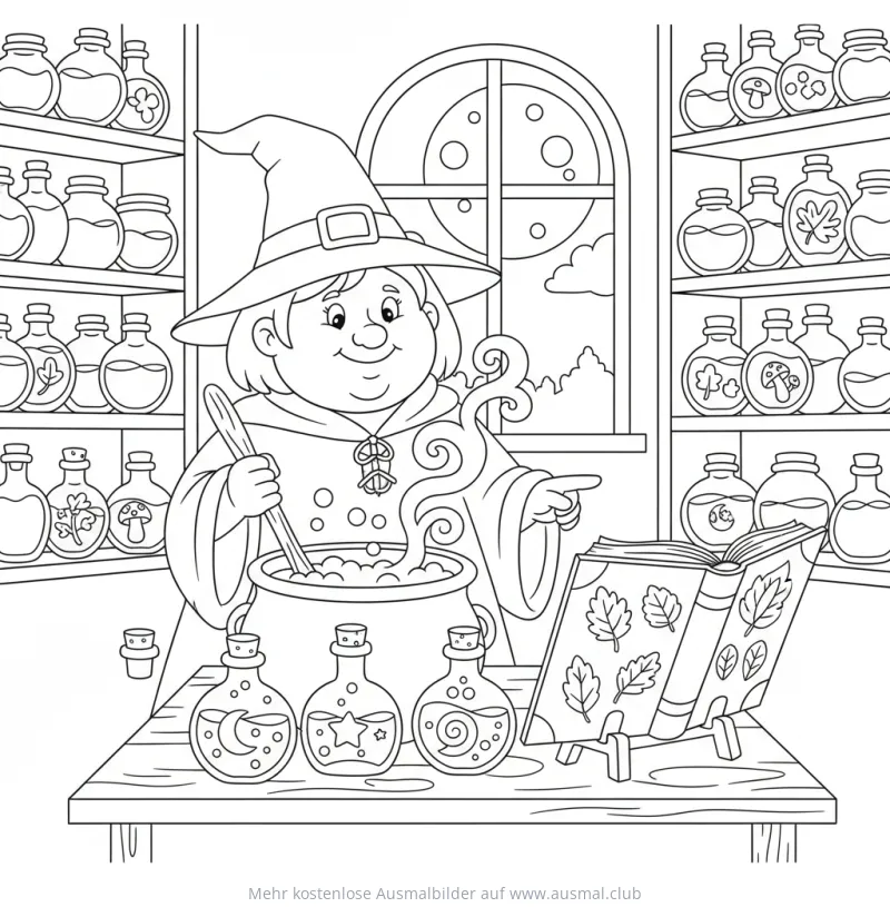 Hexe rührt Tränke in Kessel Ausmalbild