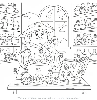 Hexe rührt Tränke in Kessel Ausmalbild