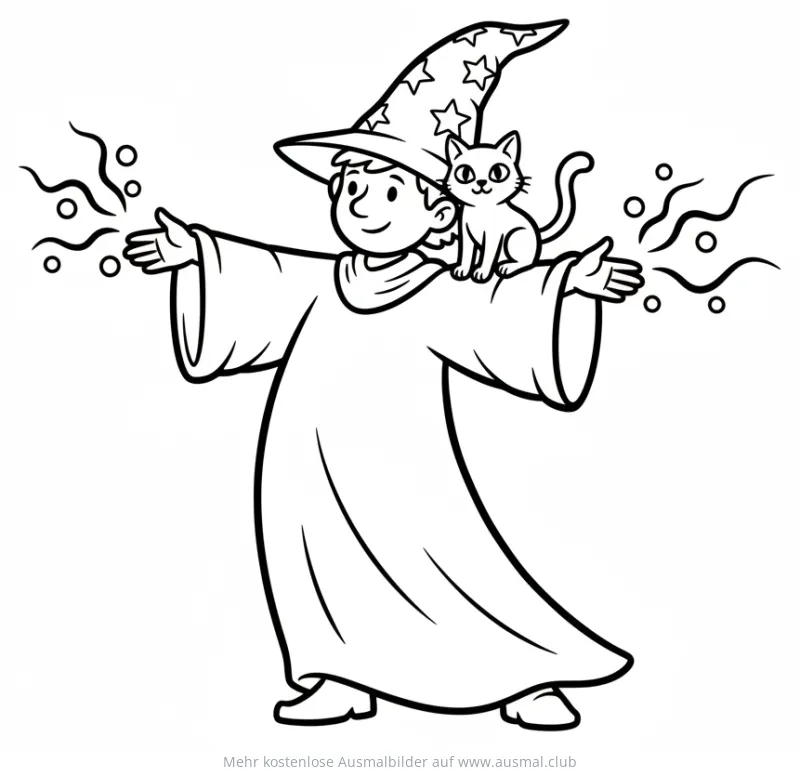 Zauberer mit Zauberstab und Katze auf der Schulter Ausmalbild