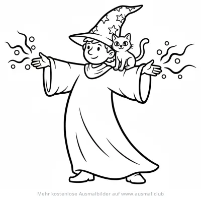 Zauberer mit Zauberstab und Katze auf der Schulter Ausmalbild