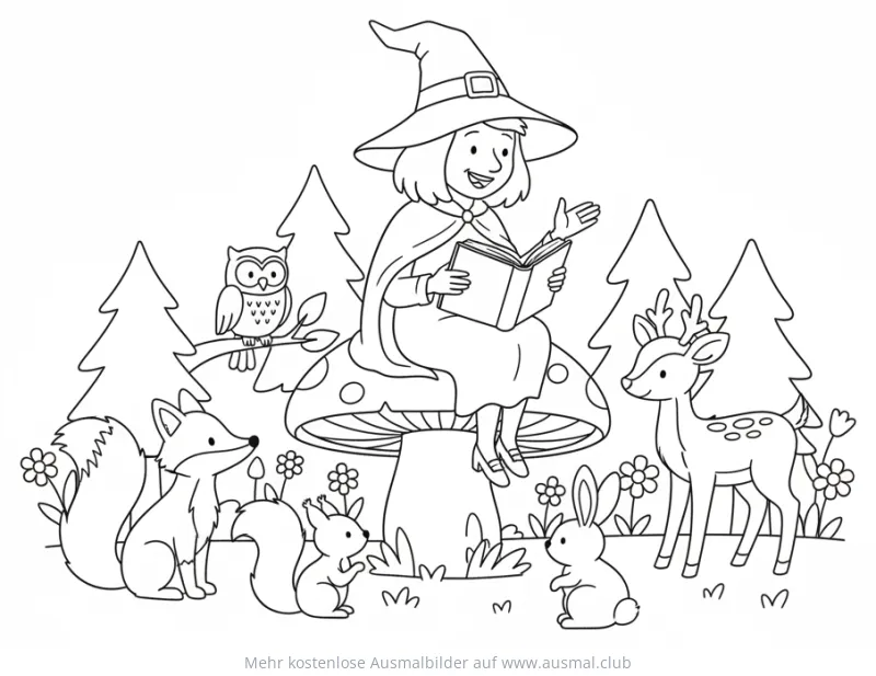 Hexe liest Buch auf Pilz, umgeben von Waldtieren Ausmalbild