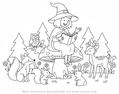 Hexe liest Buch auf Pilz, umgeben von Waldtieren Ausmalbild