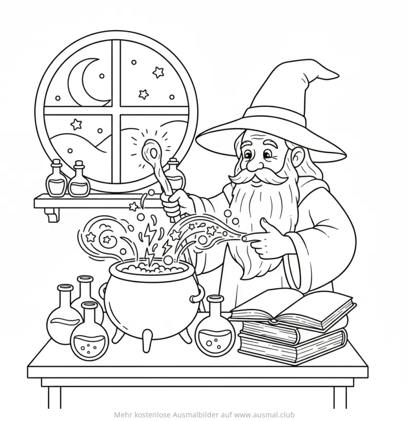 Zauberer im Labor mit Kessel und Zaubertrank Ausmalbild