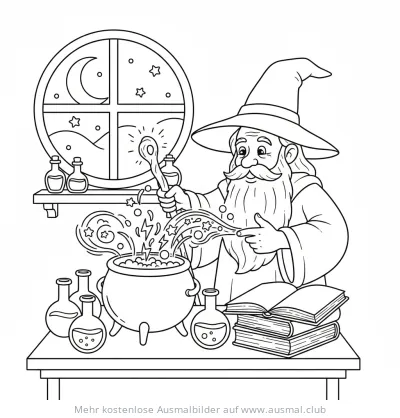 Zauberer im Labor mit Kessel und Zaubertrank Ausmalbild