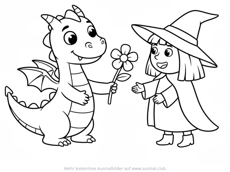 Freundlicher Drache schenkt Hexe eine Blume Ausmalbild