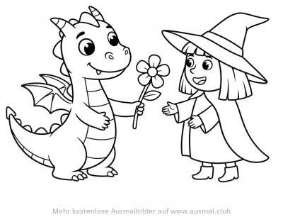 Freundlicher Drache schenkt Hexe eine Blume Ausmalbild