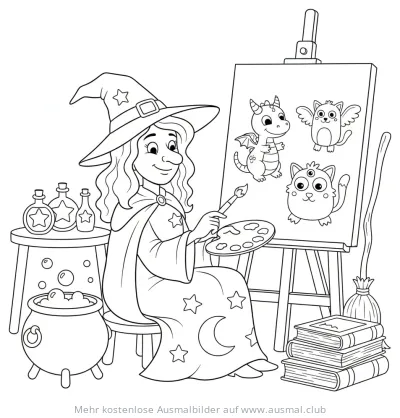 Hexe malt ein Drachen und Katzen Ausmalbild
