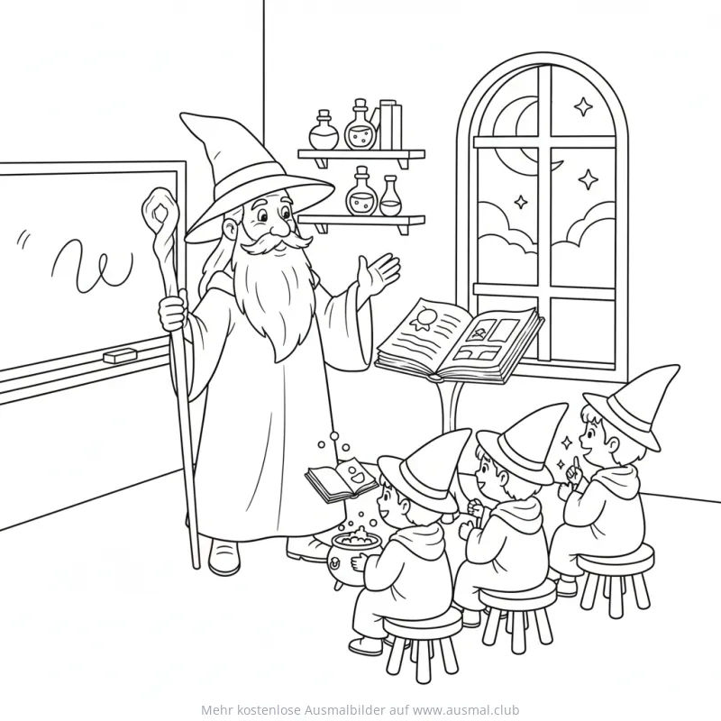 Zauberer unterrichtet Zauberlehrlinge Ausmalbild