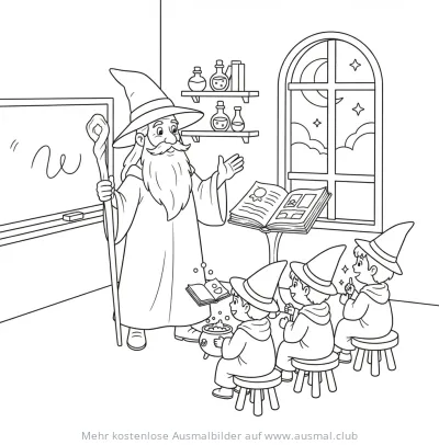 Zauberer unterrichtet Zauberlehrlinge Ausmalbild