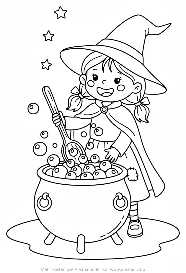 Freundliche Hexe rührt im Kessel Ausmalbild