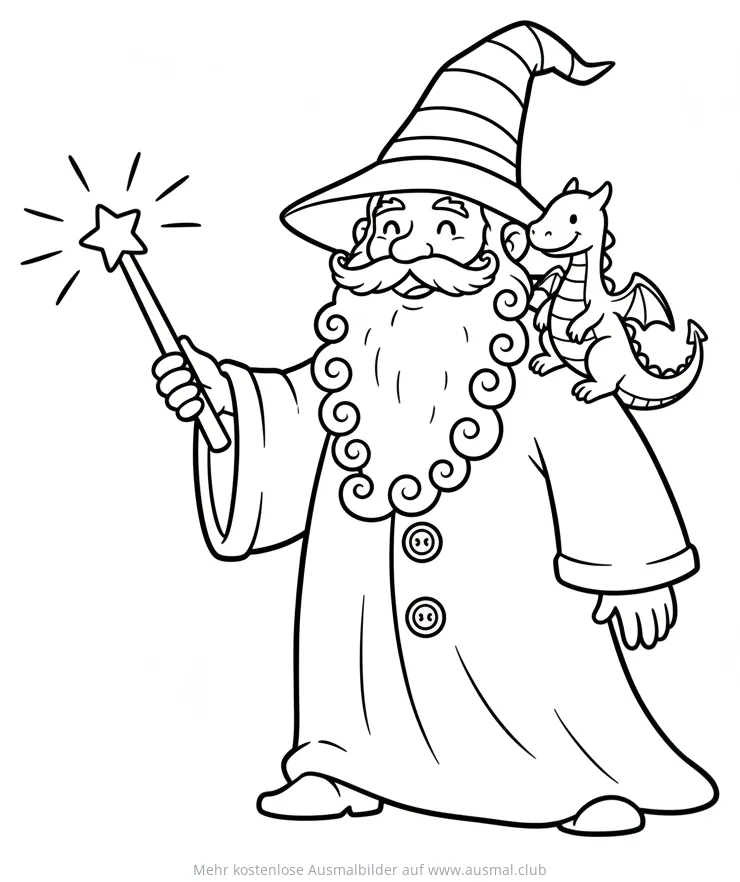 Zauberer mit Zauberstab und kleinem Drachen auf der Schulter Ausmalbild