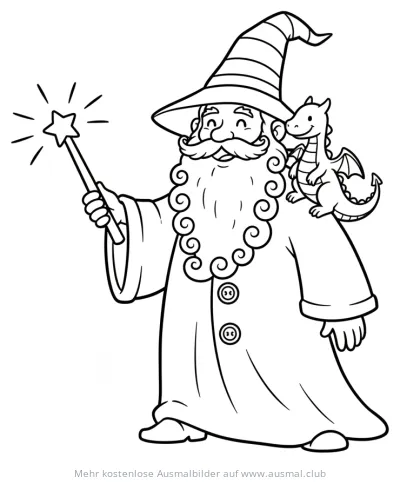 Zauberer mit Zauberstab und kleinem Drachen auf der Schulter Ausmalbild