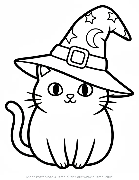 Katze mit Hexenhut Ausmalbild