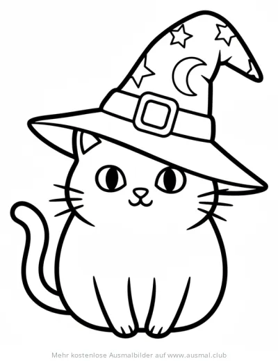 Katze mit Hexenhut Ausmalbild