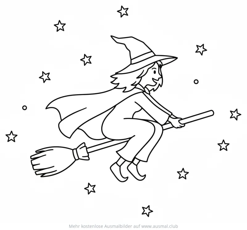 Freundliche Hexe fliegt auf Besen Ausmalbild